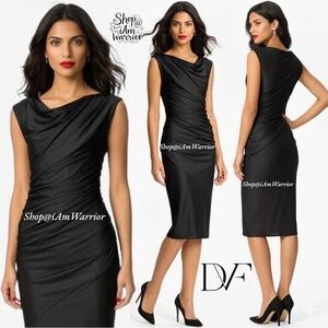 Diane von Furstenberg Black Ruched Draped Neck Sheath Midi Dress *iamwarrior